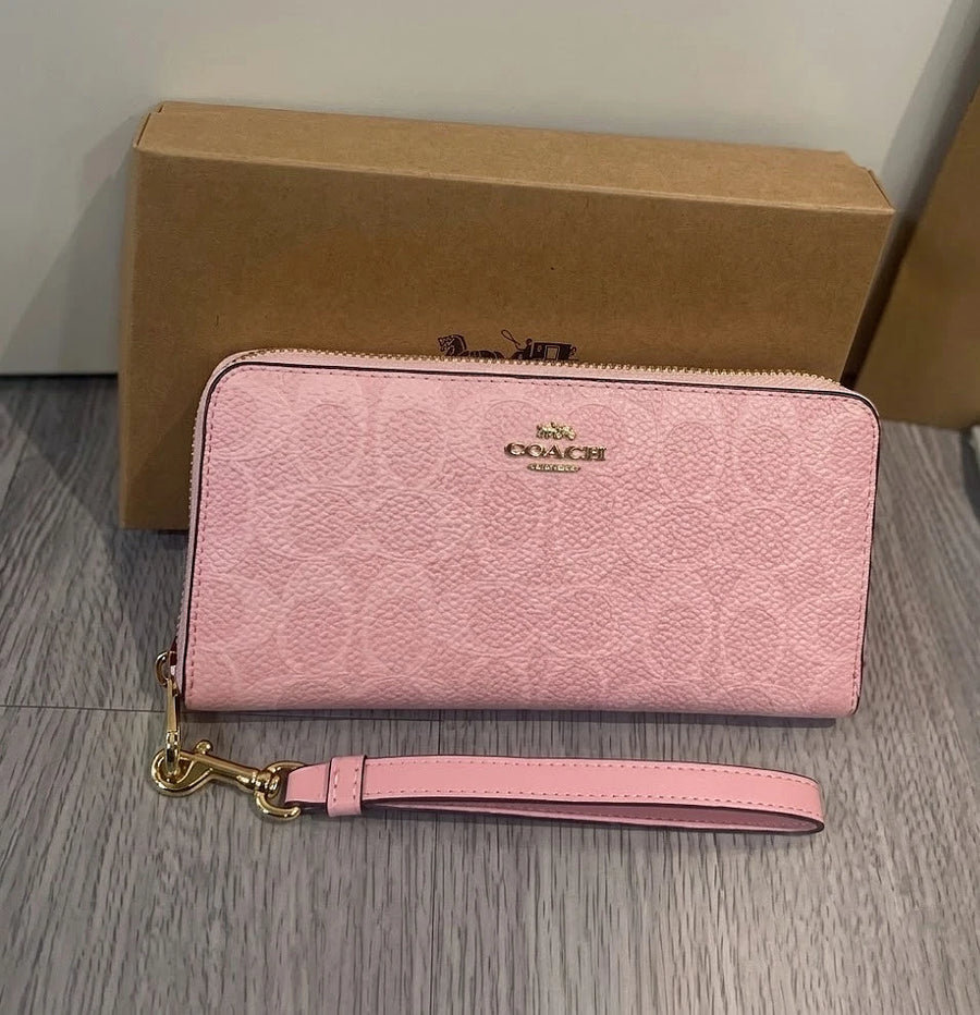 Coach Long Zip Around Wallet – Signature Canvas Light Powder Pink